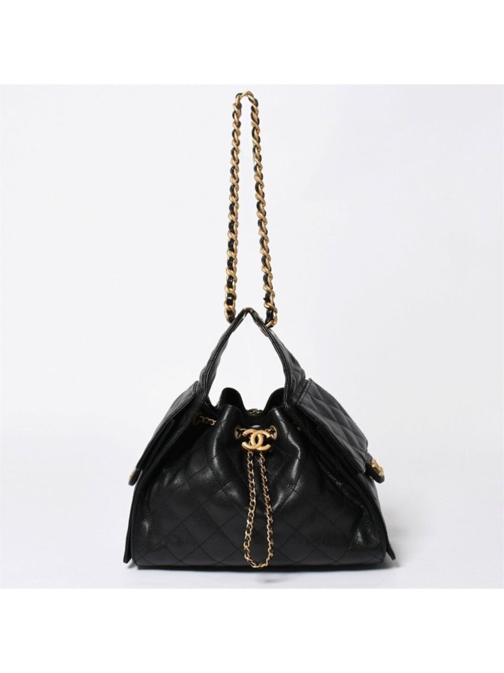 Chanel 25 Small Handbag CC Logo Caviar Leather Gold Black